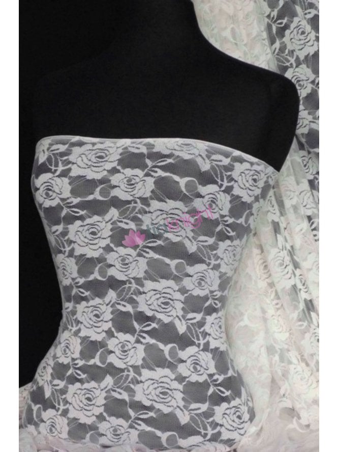 Lace Rose Flower Stretch Fabric- Ivory Cream Q963 CRM