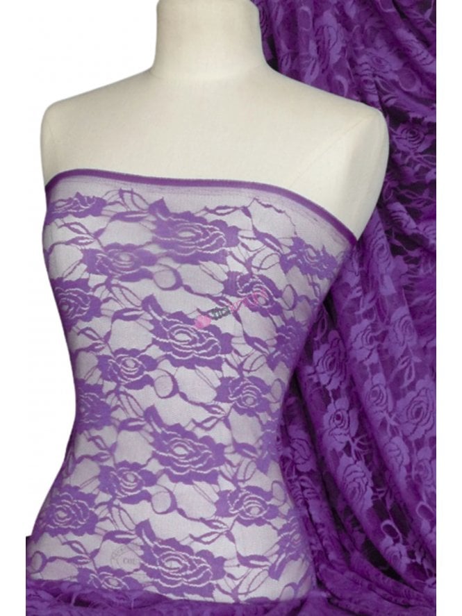 Lace Rose Flower Stretch Fabric- Purple Q963 PPL
