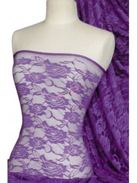 Lace Rose Flower Stretch Fabric- Purple Q963 PPL