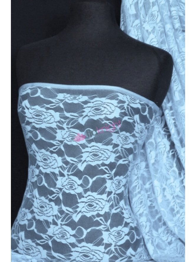 Lace Rose Flower Stretch Fabric- Sky Blue Q963 SKBL