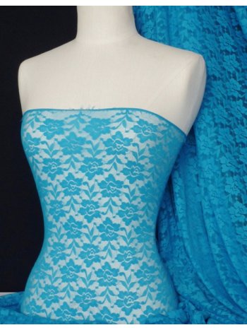 Lace Roses Stretch Fabric- Turquoise Blue Q365 TQBL