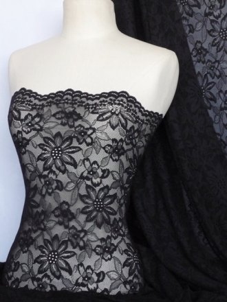 Lace Scalloped Flower 4 Way Stretch Fabric- Black Q891 BK