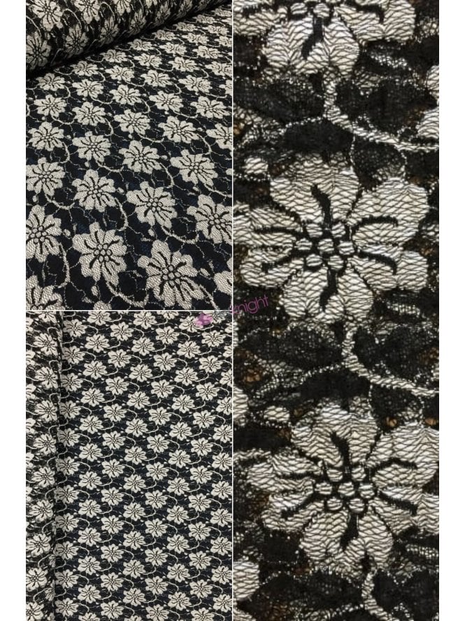 Lace Scalloped Lycra 4 Way Stretch Fabric- Black/White Flower SQ167 BKWH