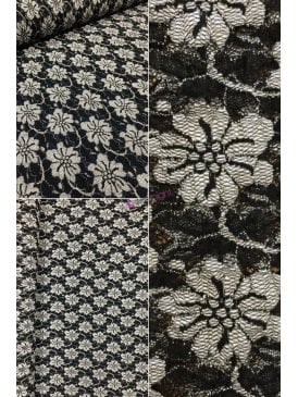 Lace Scalloped Lycra 4 Way Stretch Fabric- Black/White Flower SQ167 BKWH