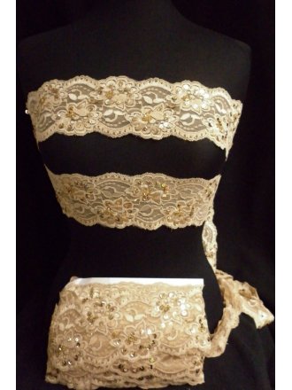 Lace Sequin Stretchy Trim- Gold Sand SY161