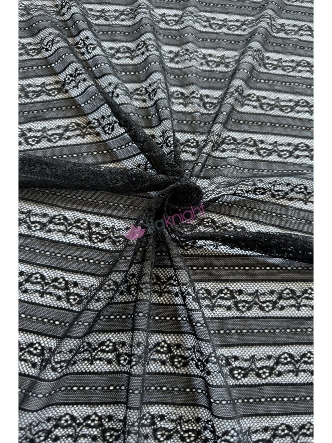 Lace Stripe Design Stretch Dressmaking Fabric- Black SQ861 BK