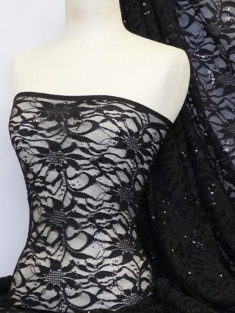 Lacey Lace Flower Stretch Sequins Fabric - Black Q1164 BK
