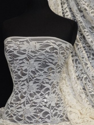 Lacey Lace Flower Stretch Sequins Fabric- Cream Q1164 CRM