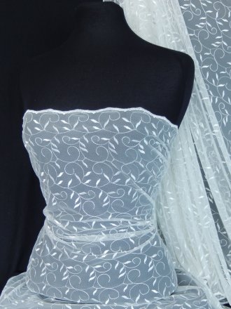 Leaf Embroidered Tulle Net Fabric - Ivory SQ59 IV