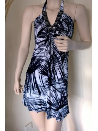 Little Black Jungle Print Halter-Neck Dress
