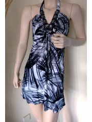 Little Black Jungle Print Halter-Neck Dress