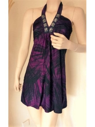 Little Purple Jungle Print Halter-Neck Dress