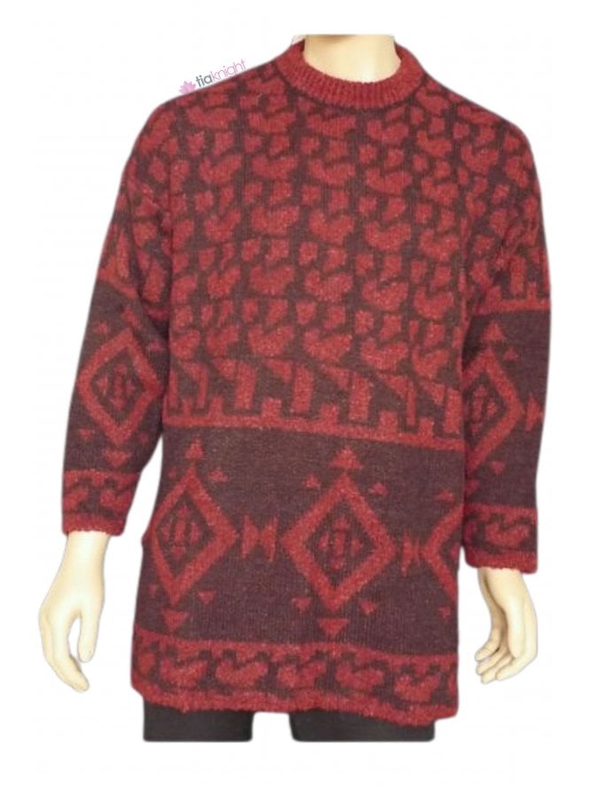 MEN'S Dark Red Pure Vintage Wool Abstract Jumper