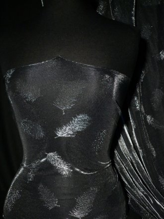 Metallic Sheer Shimmer Stretch Fabric- Black/ Silver Feather BKSLV