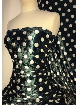 NEW Marble Printed Velvet/Velour Stretch Fabric- Polka Dots Bottle Green/White SQ315 BTGRWHT