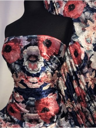 NEW Marble Printed Velvet/Velour Stretch Fabric- Royal Chelsea Floral SQ313 RBLMLT