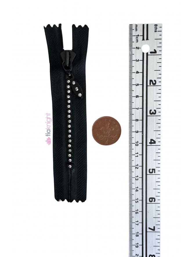Nylon Zip 4" Inch Closed End Zipper- Black Diamonte