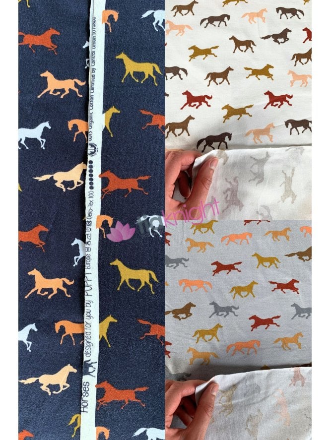 Organic Cotton Lycra Jersey 4 Way Stretch Oeko-Tex 100 Fabric- Horses Multi SQ769