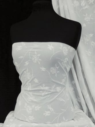 Paris Mesh Floral Embossed Flocking Stretch Material- White SQ24 WHT