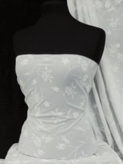 Paris Mesh Floral Embossed Flocking Stretch Material- White SQ24 WHT