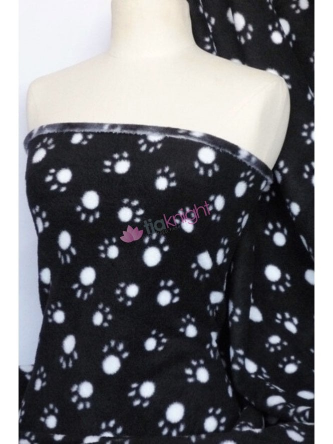 Polar Fleece Anti Pill Washable Soft Fabric- Black/White Paws Q396 BKWHT