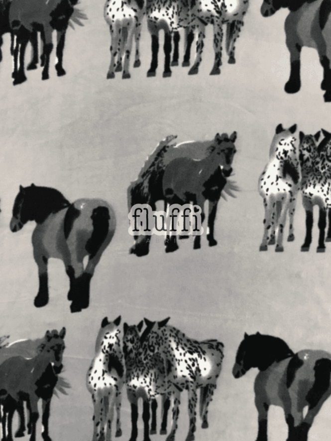 Polar Fleece Anti Pill Washable Soft Fabric- Horses Grey/Black SQ361 GRBK