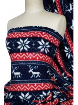 Polar Fleece Anti Pill Washable Soft Fabric- Red/Navy Blue Reindeer Q1116 RDNY