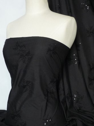 Poly Cotton Sequins Embroidered Material- Black Flower Q1265 BK