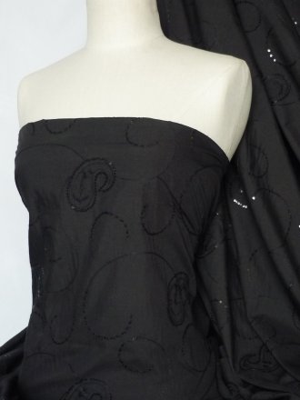 Poly Cotton Sequins Embroidered Material- Black Paisley Q1264 BK