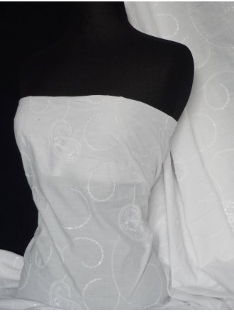 Poly Cotton Sequins Embroidered Material- White Paisley Q1264 WHT