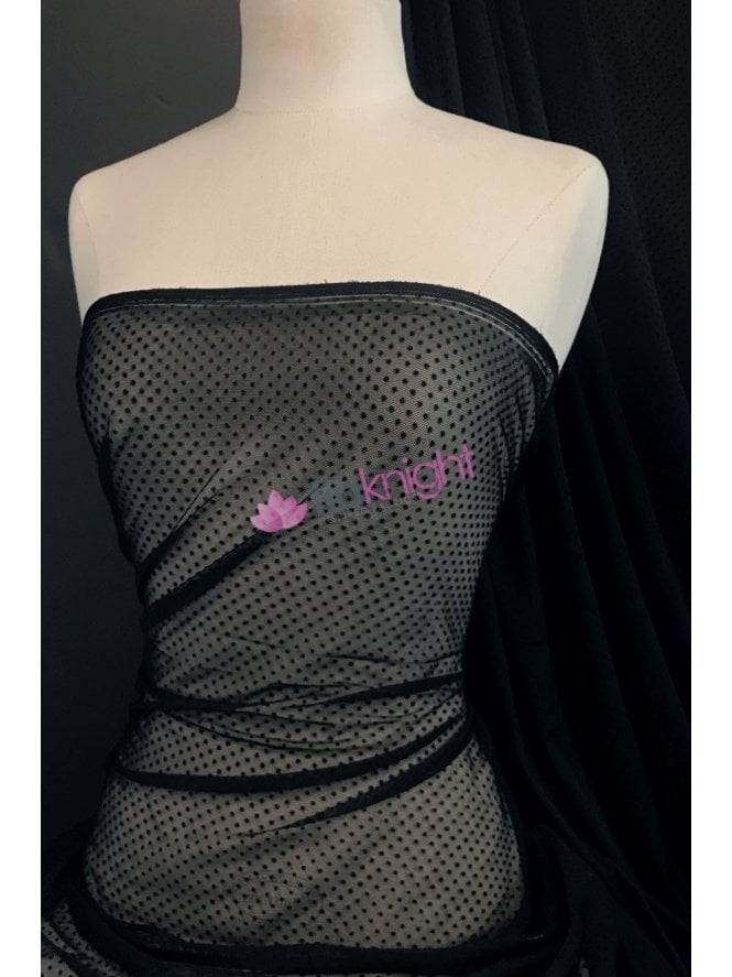 Poly Mesh Flocking Print Sheer Stretch Material - Black SQ470 BK