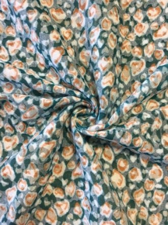 Poly Viscose Light Weight Sheer Burnout Stretch Fabric- Teal/Orange Hearts Q1206 TLOR