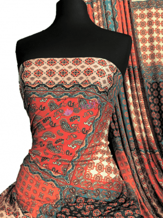 Poly Viscose Light Weight Stretch Sheer Fabric- Moroccan Paisley Teal/Orange VSCP25 TLOR