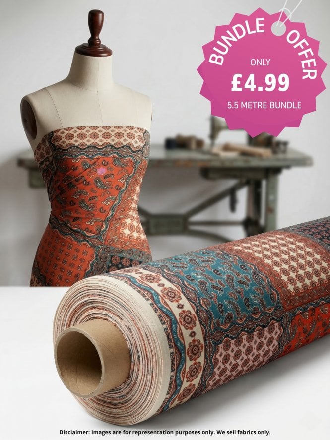 Poly Viscose Light Weight Stretch Sheer Fabric- Moroccan Paisley Teal/Orange VSCP25 TLOR