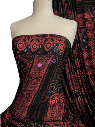 Poly Viscose Light Weight Stretch Sheer Fabric- Paisley Palace Black/Red VSCP22 BKRD