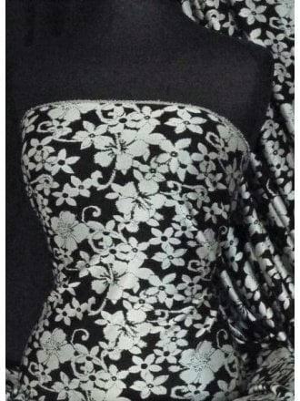 Ponte Double Knit Jacquard 4 Way Stretch Jersey- Black/Silver Flower Print Q1288 BKSLV