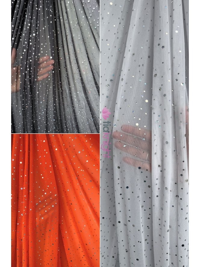 Power Mesh 4 Way Stretch Fabric- Holographic Silver Sequins Q1379