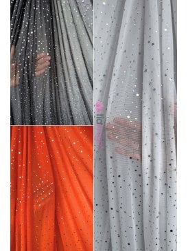 Power Mesh 4 Way Stretch Fabric- Holographic Silver Sequins Q1379