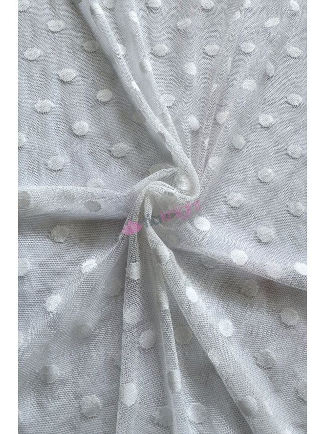 Power Mesh 4 Way Stretch Sheer Material- White Polka Dots SQ873 WHT