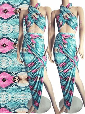 Printed Silk Touch Stretchy Dressmaking Fabric- Aquamarine Reptile SQ444 AQPN