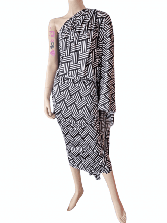 Printed Silk Touch Stretchy Dressmaking Fabric- White/Black Mayan SQ618 WHTBK