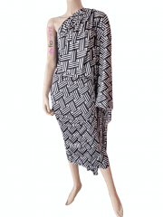 Printed Silk Touch Stretchy Dressmaking Fabric- White/Black Mayan SQ618 WHTBK