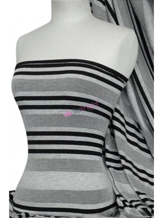 Rib Viscose Cotton Stretch Elastane Fabric- Grey/Black Horizontal Stripe Q1197 GRBK
