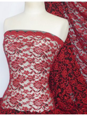 Rose 4 Way Stretch Lace Lycra Fabric- Red/Black Q1248 RDBK