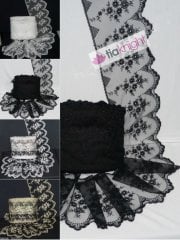 Scalloped Floral Design Extra Wide Non-Stretch Net Trim- Black/Silver SY241 BKSLV