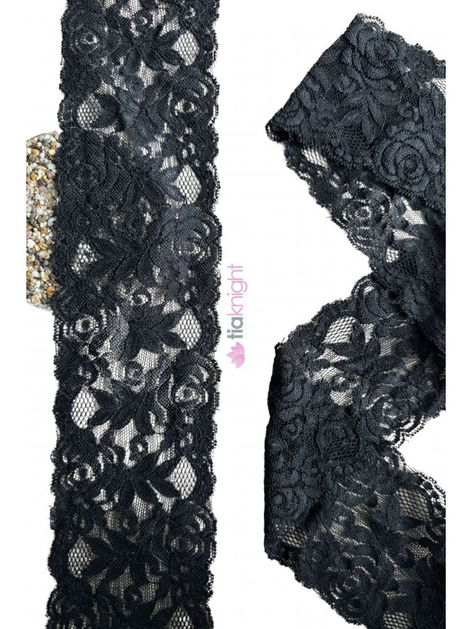 Scalloped Floral Rose Wide Stretch Lace Trimming- Black SY245 BK