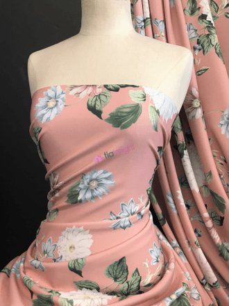 Scuba Crepe Stretch Jersey Dressmaking Fabric- Peach Pink Botanics SQ494 PNMLT