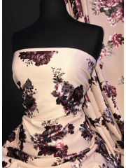 Scuba Stretch Foil Print Poly Lycra Fabric- Nude/Wine Floral Roses SCB207