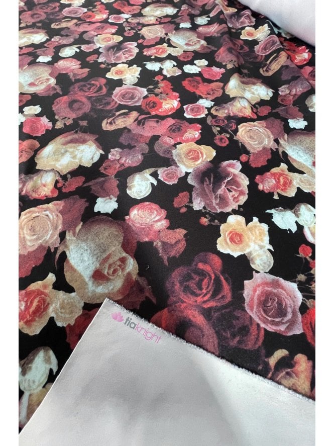 Scuba Stretchy Poly Jersey Fabric- Ravishing Roses SQ166 BKMLT
