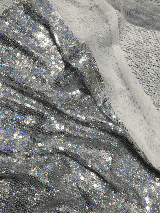 Sequins Hologram Glitz Mesh Stretch Fabric- Silver/White SQ719 SLV